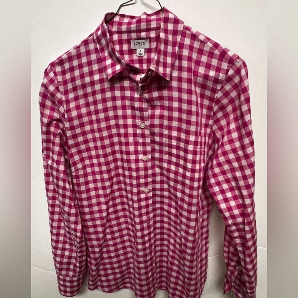 J. CREW HOT PINK & WHITE CHECKED LONG SLEEVE BUTTON-UP BLOUSE. SIZE SMALL